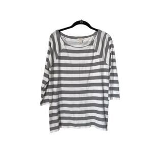 J Crew Womens Top Size M Grey White Striped Boatneck Knit Pullover Cotton Blouse